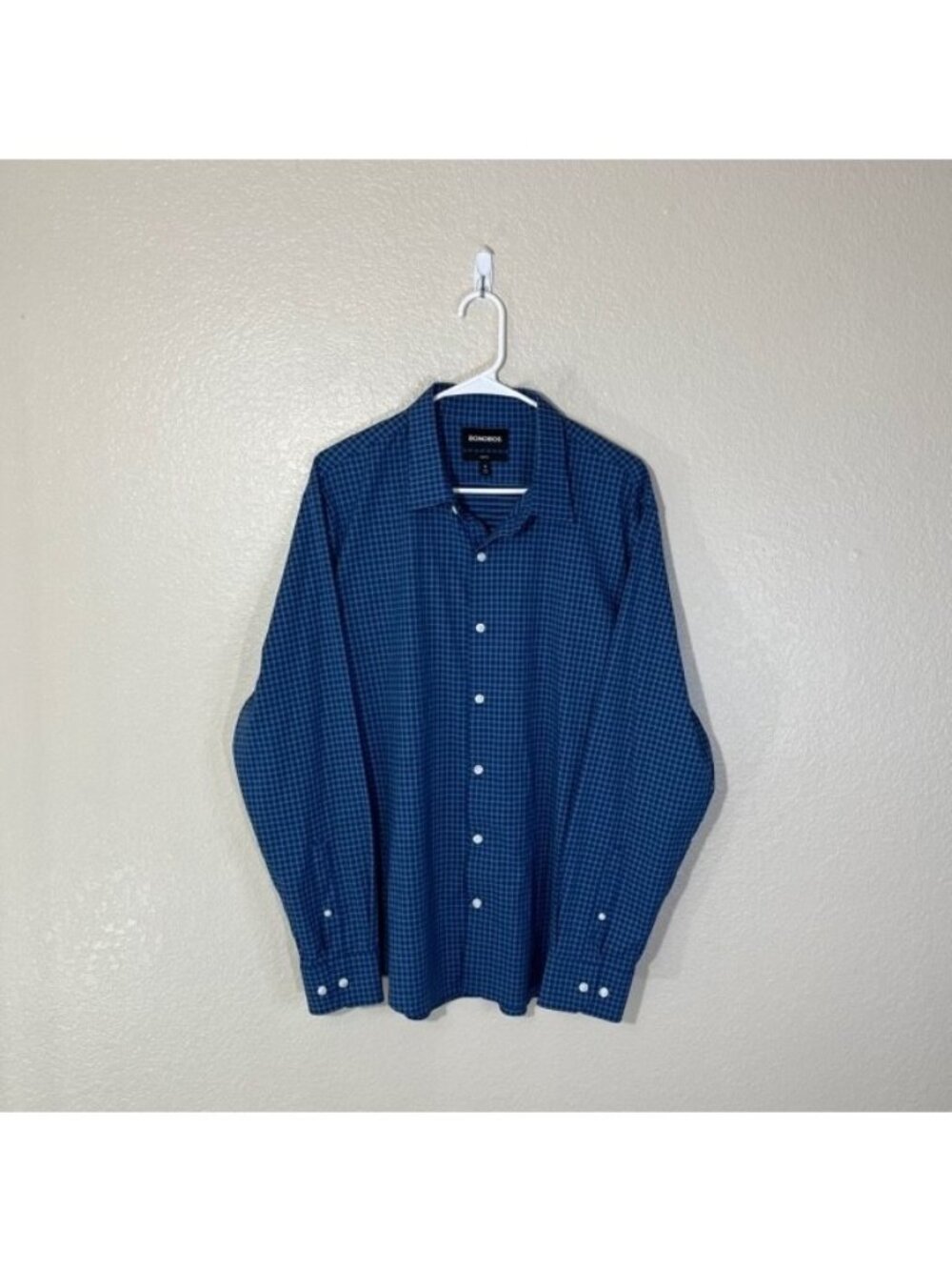 Bonobos Mens Blue Check Nylon Stretch Long Sleeve Button Shirt Slim XL